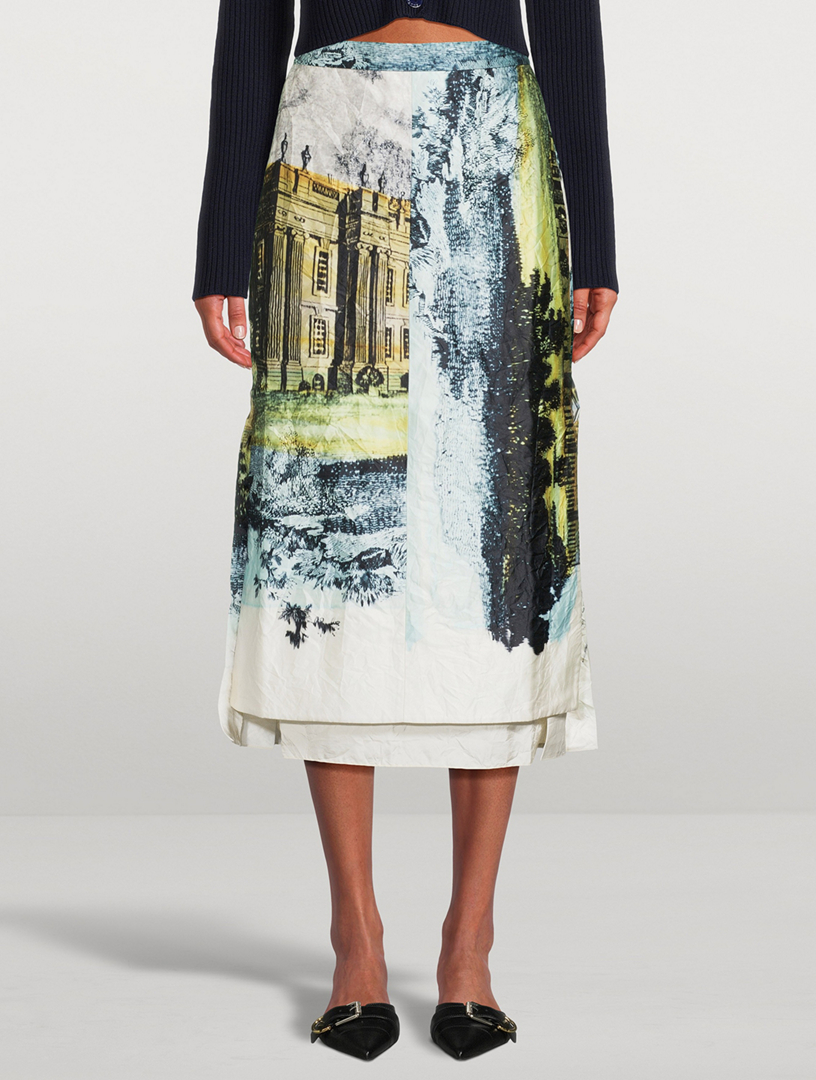 Satin Pencil Skirt Countryside Print