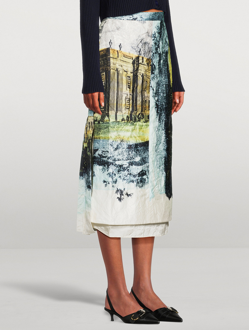 Satin Pencil Skirt Countryside Print