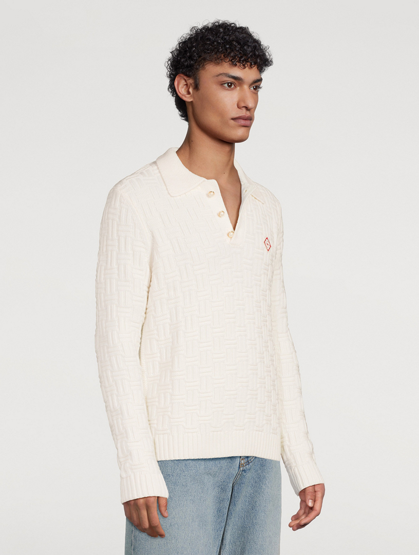 Stretch Wool Column-Knit Polo Sweater