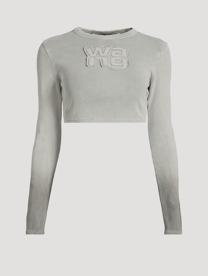 Distressed Logo Cropped Long-Sleeve T-Shirt