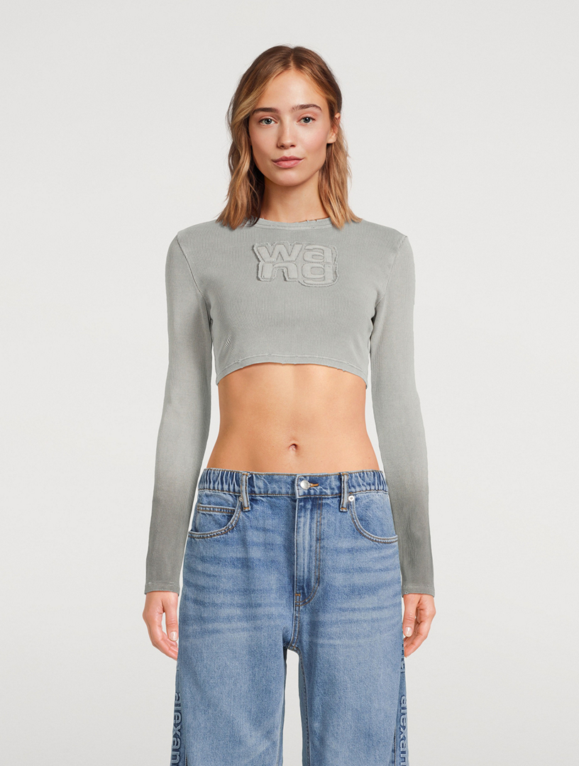 Distressed Logo Cropped Long-Sleeve T-Shirt