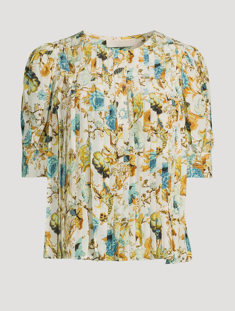 Marion Plissé Silk Blouse Floral Print