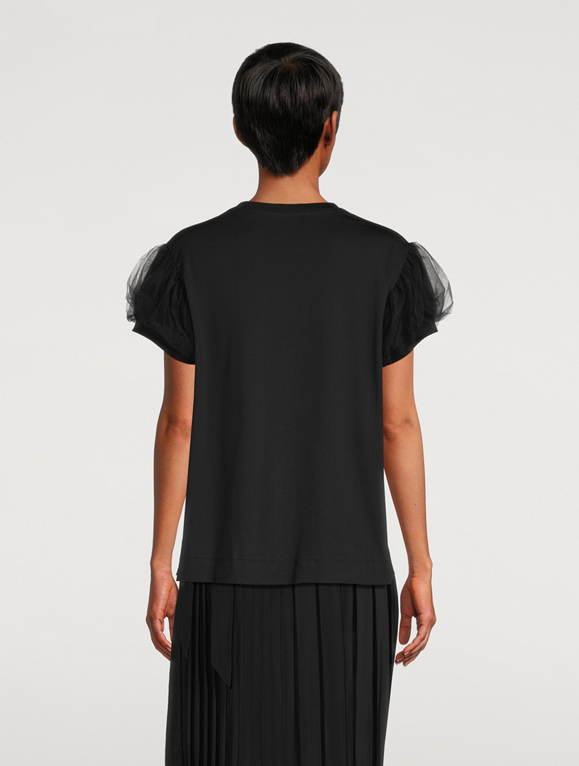 Embellished Tulle-Sleeve T-Shirt