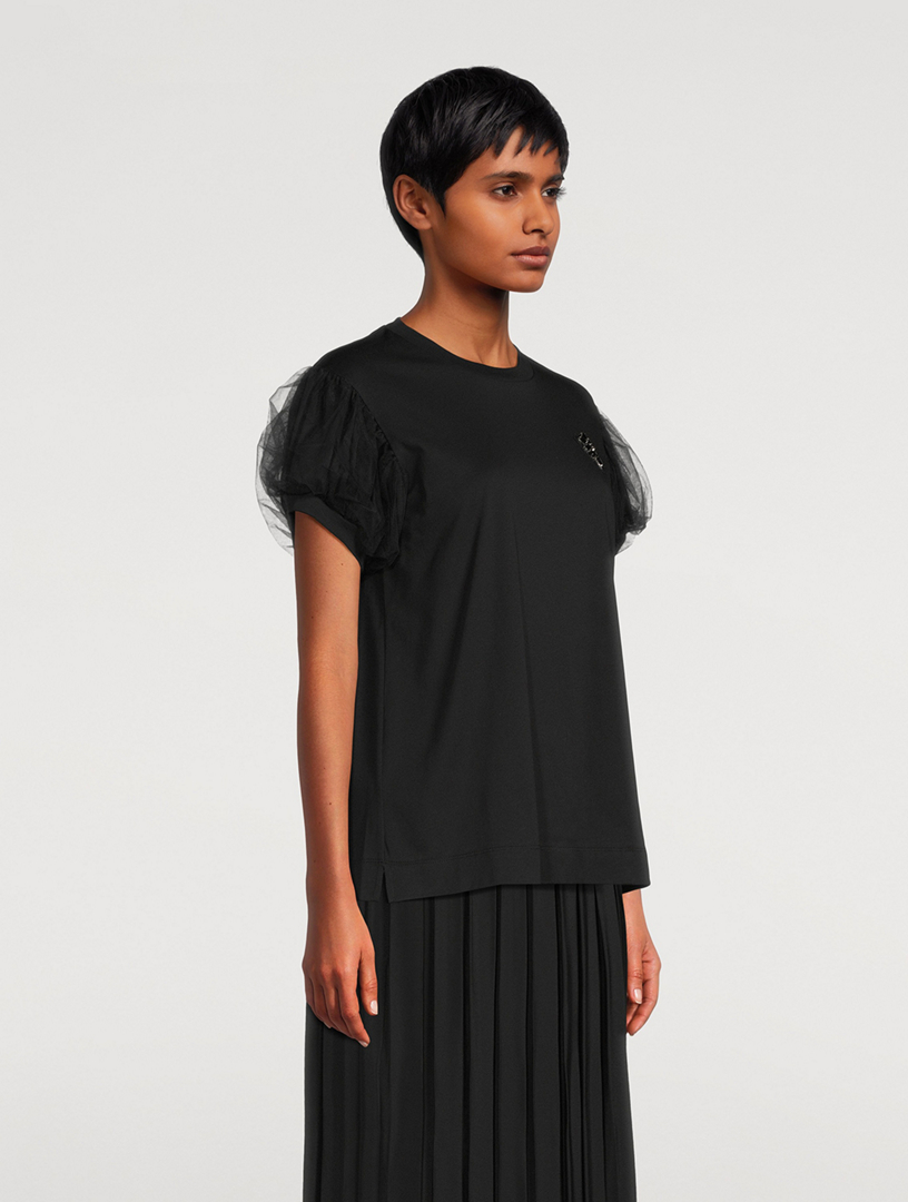 Embellished Tulle-Sleeve T-Shirt