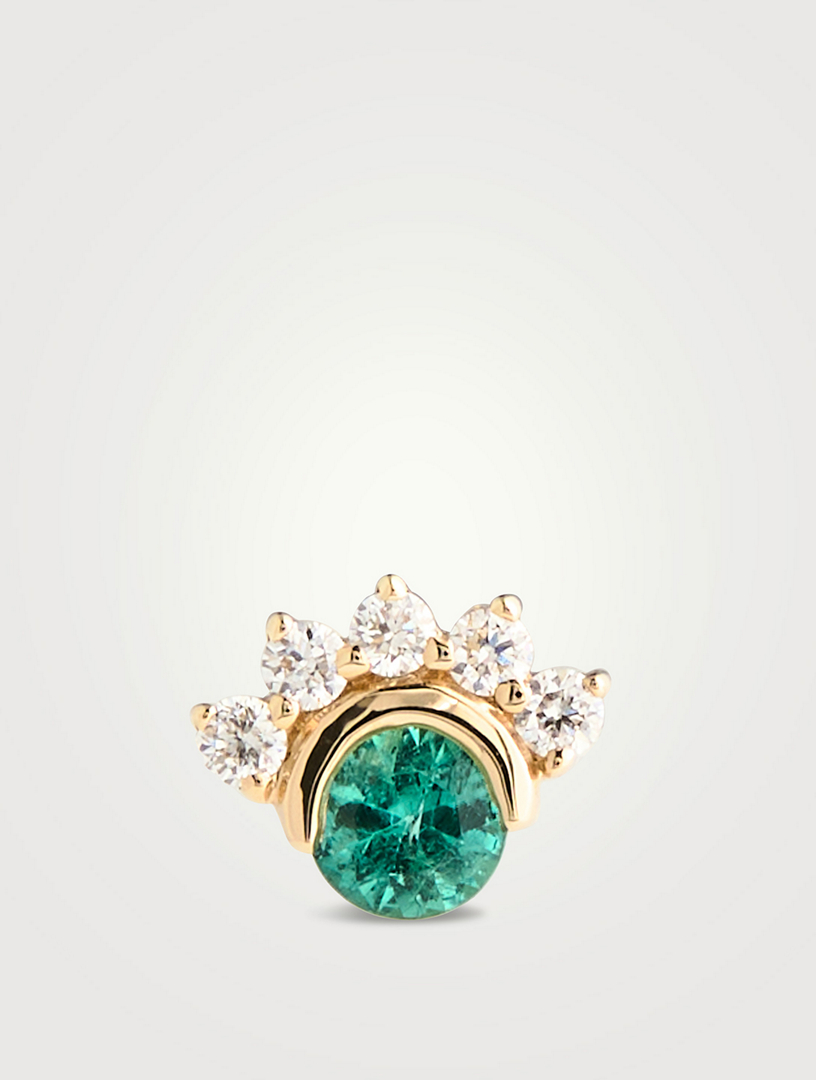 14K Gold Diamond And Emerald Mini Fan Stud Earring