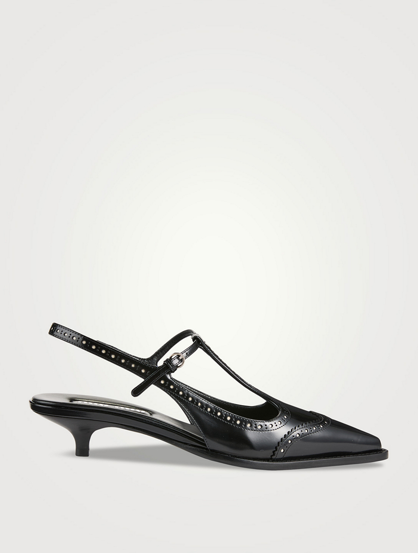 Brushed Leather Brogue Slingback Pumps
