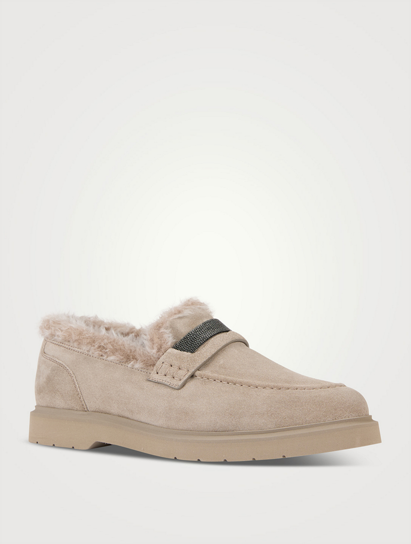 Shearling-Lined Suede Penny Loafers