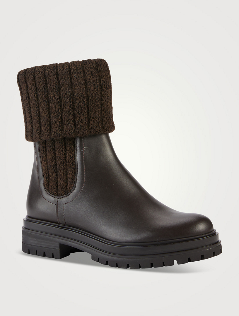 Tenney Rib-Knit Leather Ankle Boots