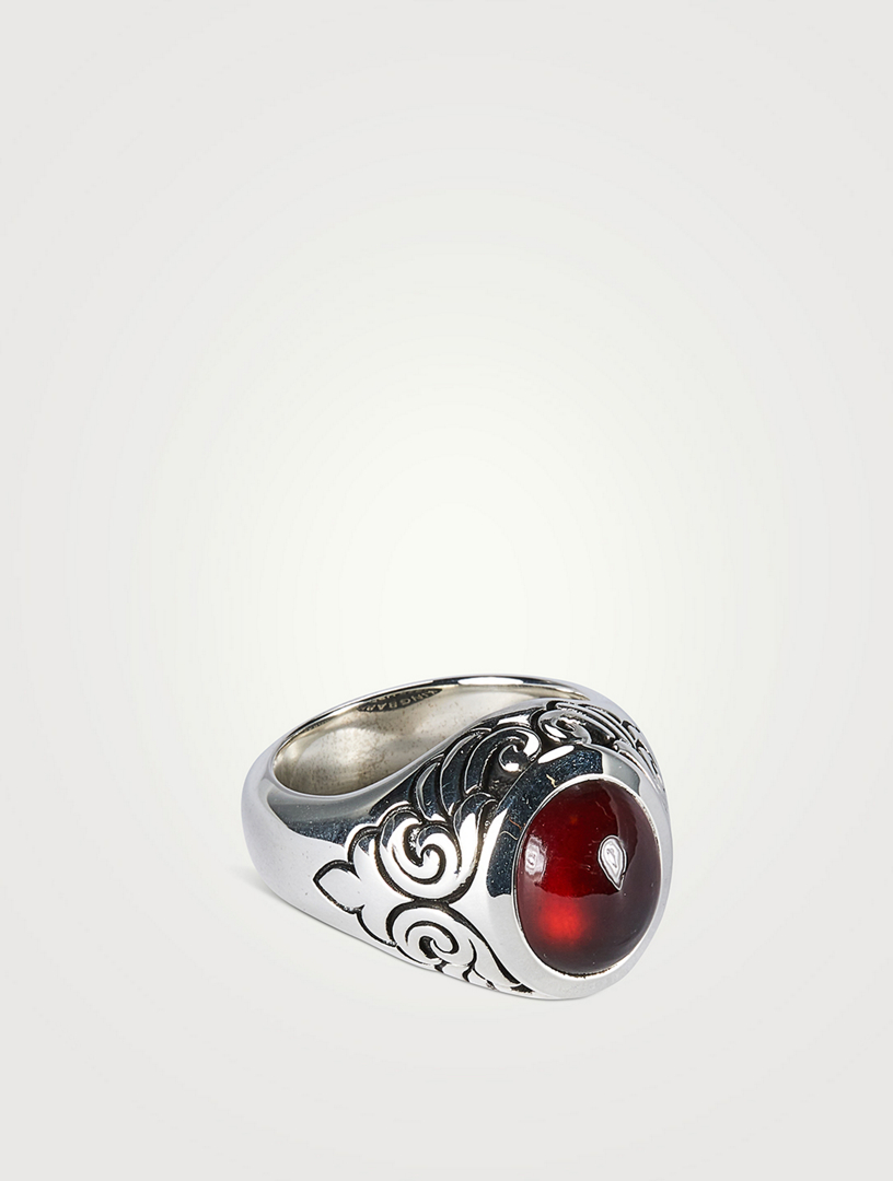 Silver Ring Garnet Oval Stone Ring With Wing Detail