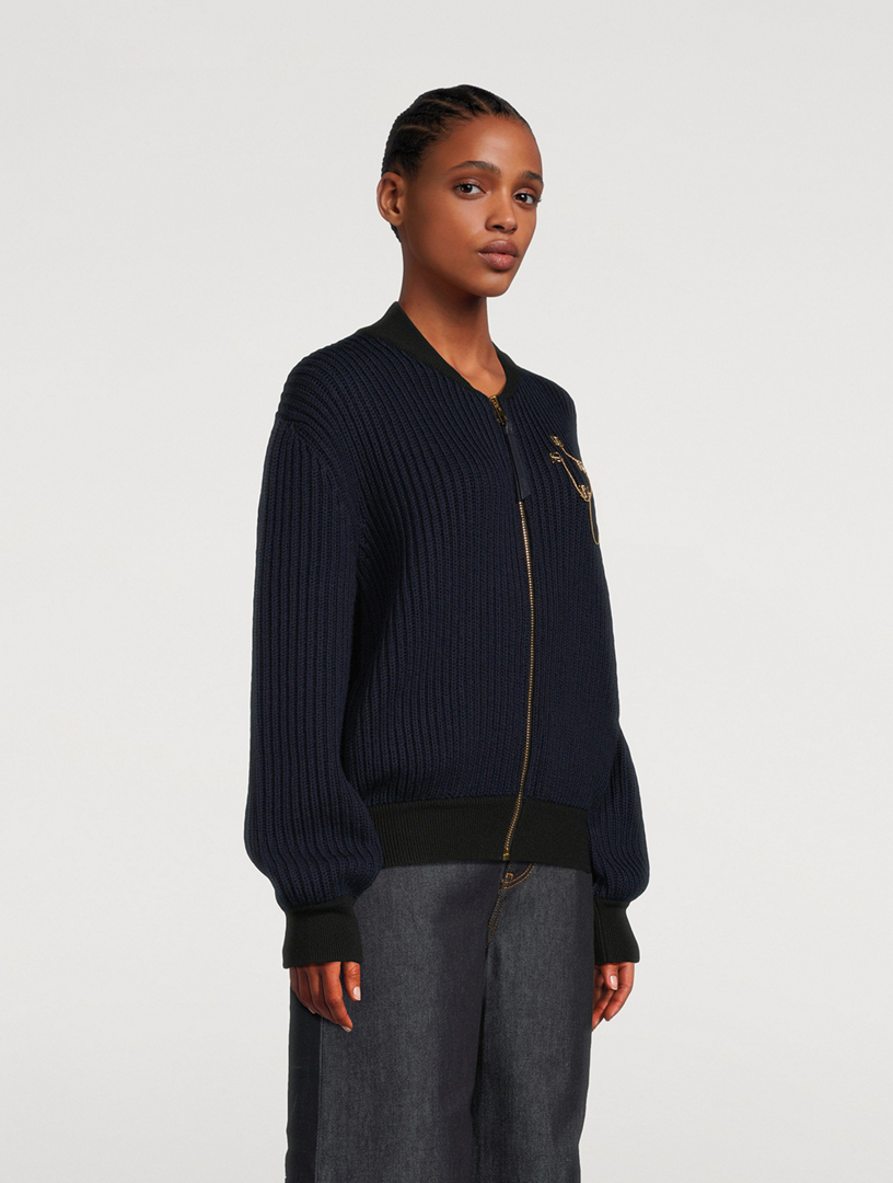 Chain-Embellished Knit Bomber Jacket