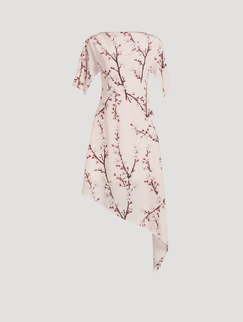Asymmetric Silk Midi Dress Blossom Print