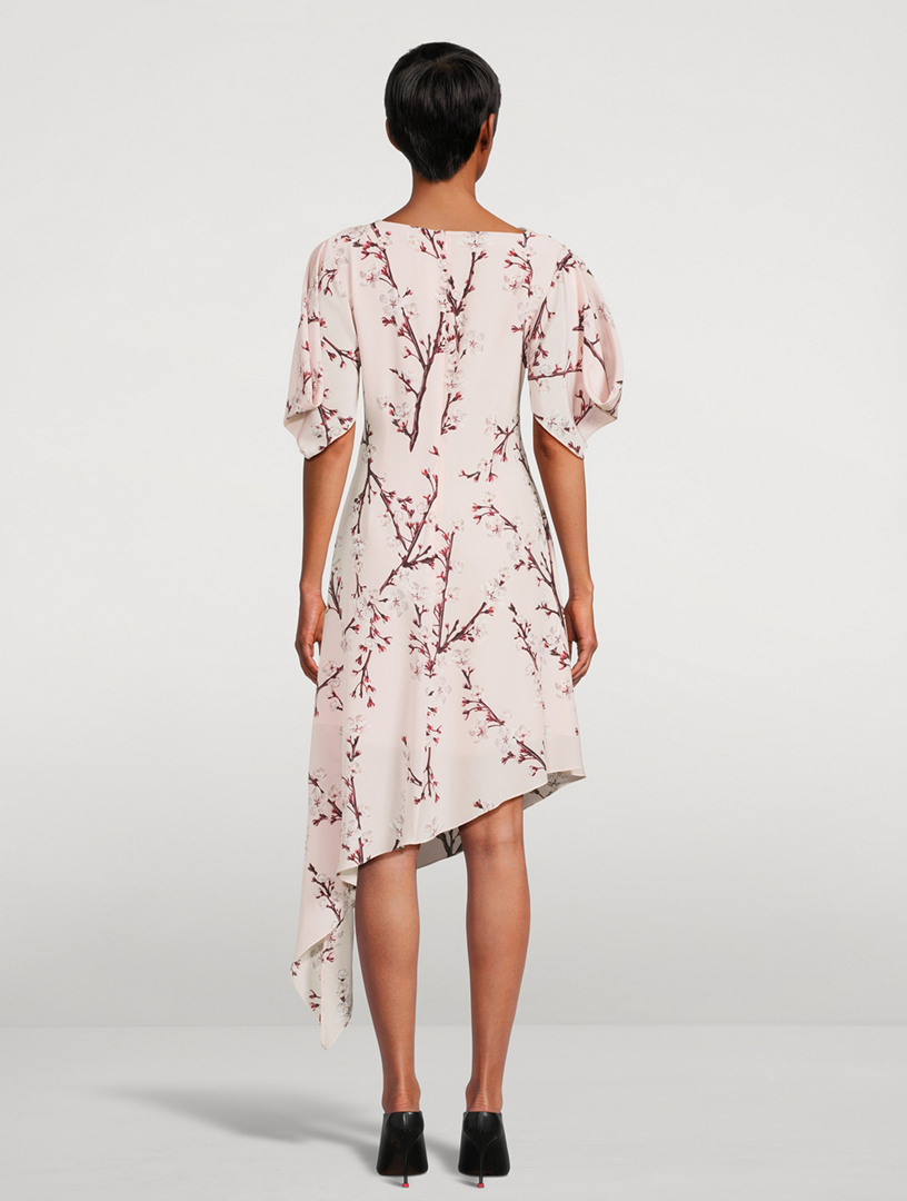 Asymmetric Silk Midi Dress Blossom Print