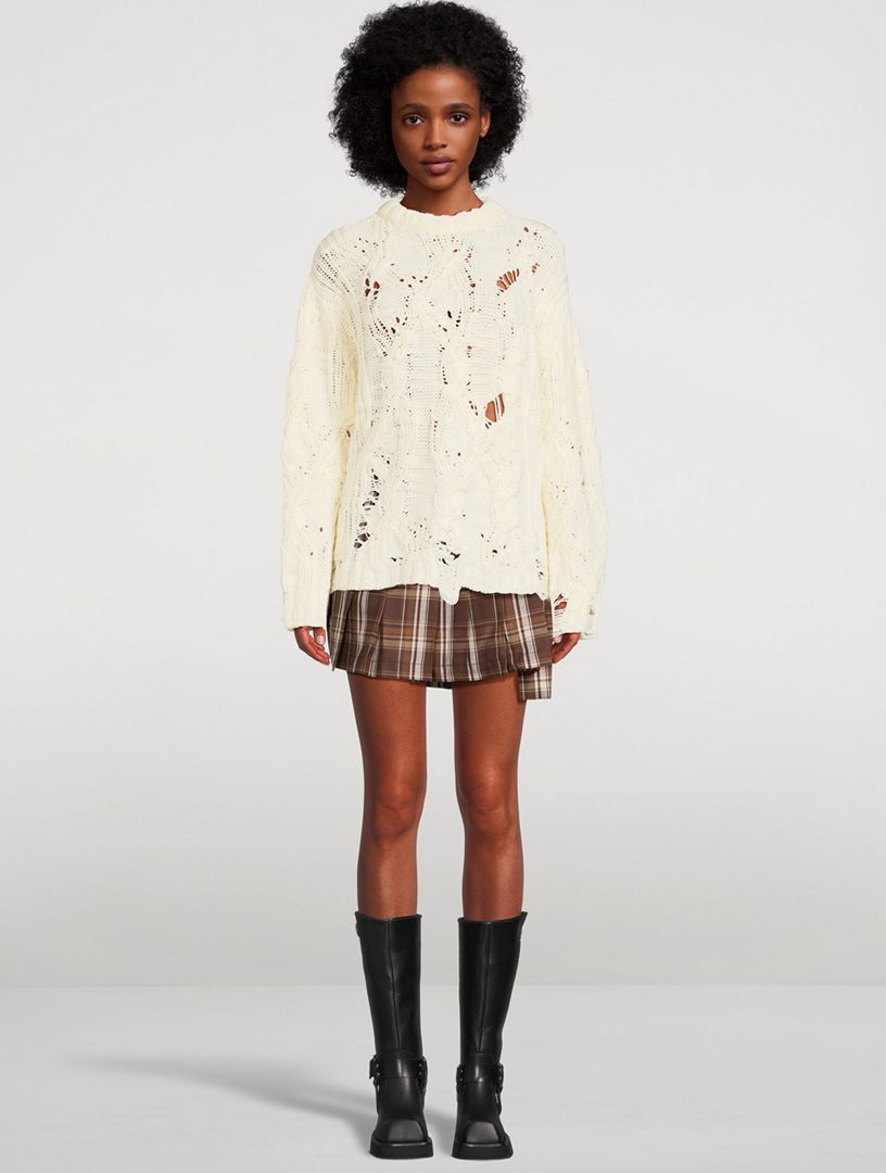 Distressed Cable-Knit Wool Sweater