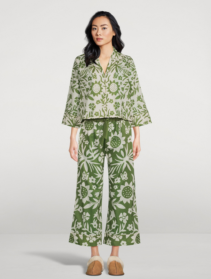 Boxy Shirt And Wide Leg Pajama Set Placed Fabelei Print