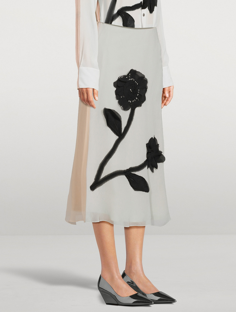 Floral Appliqué Chiffon Midi Skirt