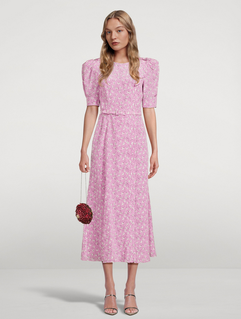 Belted Silk Midi Dress Clover Print