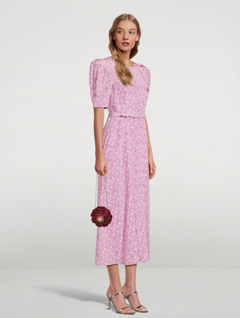Belted Silk Midi Dress Clover Print