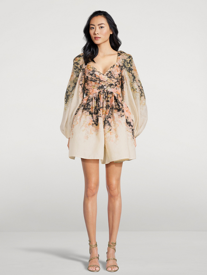 Illustration Puff-Sleeve Mini Dress Floral Print
