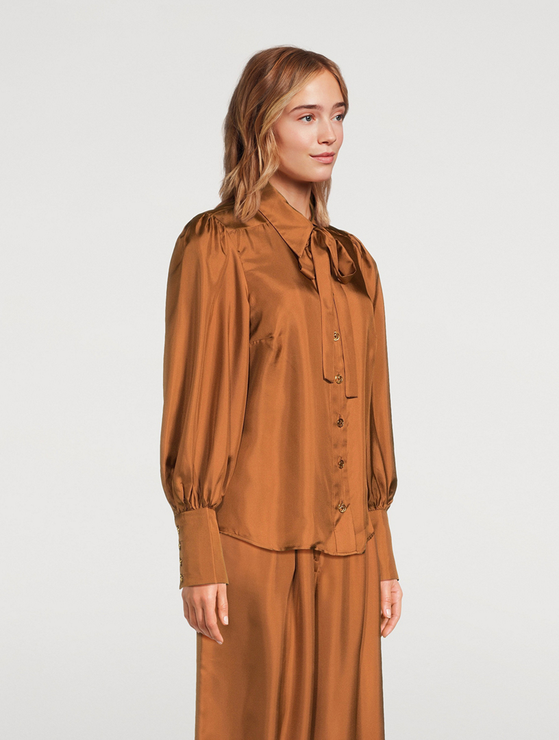 Illustration Tie-Neck Silk Blouse