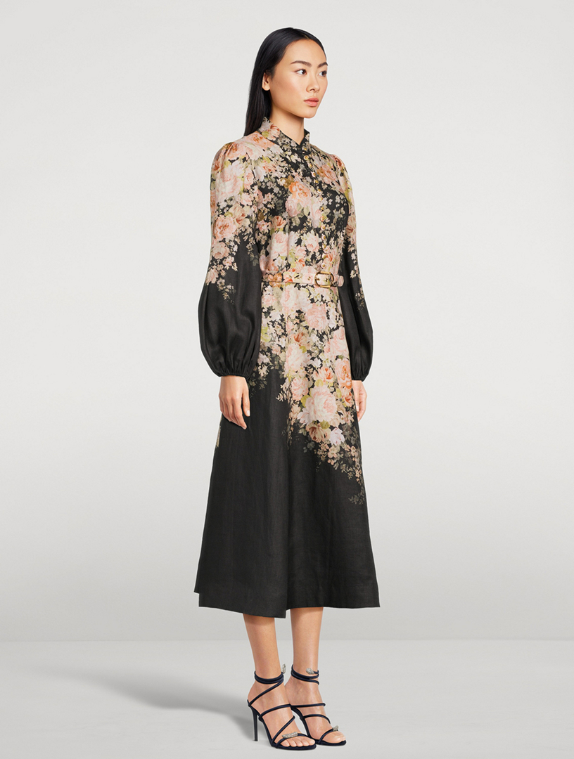 Illustration Puff-Sleeve Midi Dress Floral Print