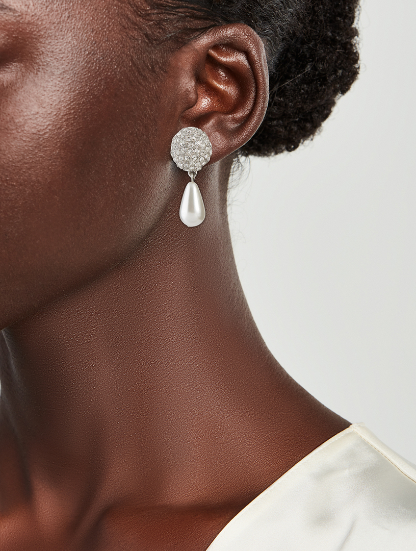 Clip-On Crystal Ball Earrings With Faux Pearl Drops