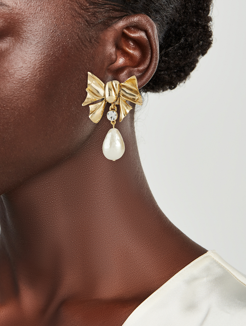 Bow Faux Pearl And Crystal Drop Earrings