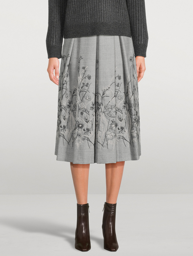 Floral-Embroidered Pleated Midi Skirt