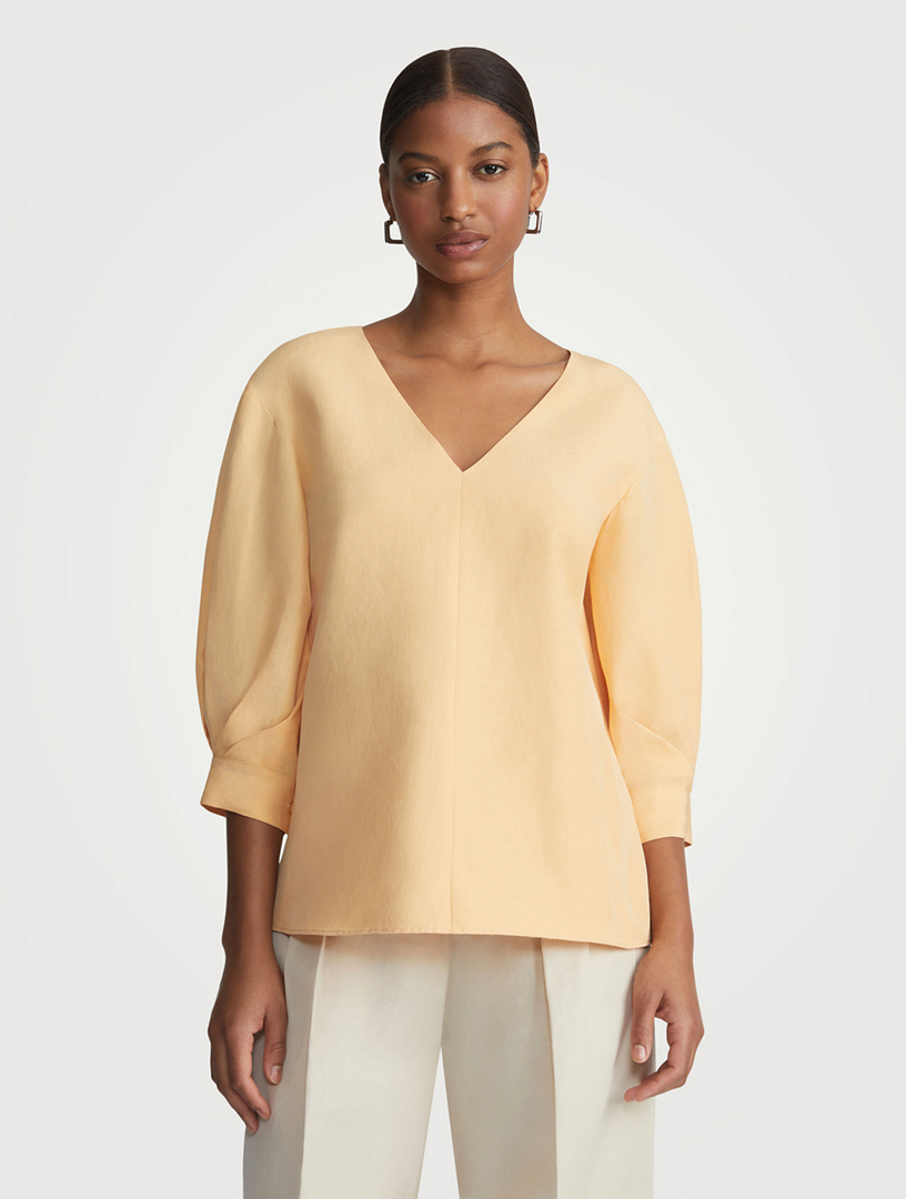 Silk Linen Puff-Sleeve Blouse