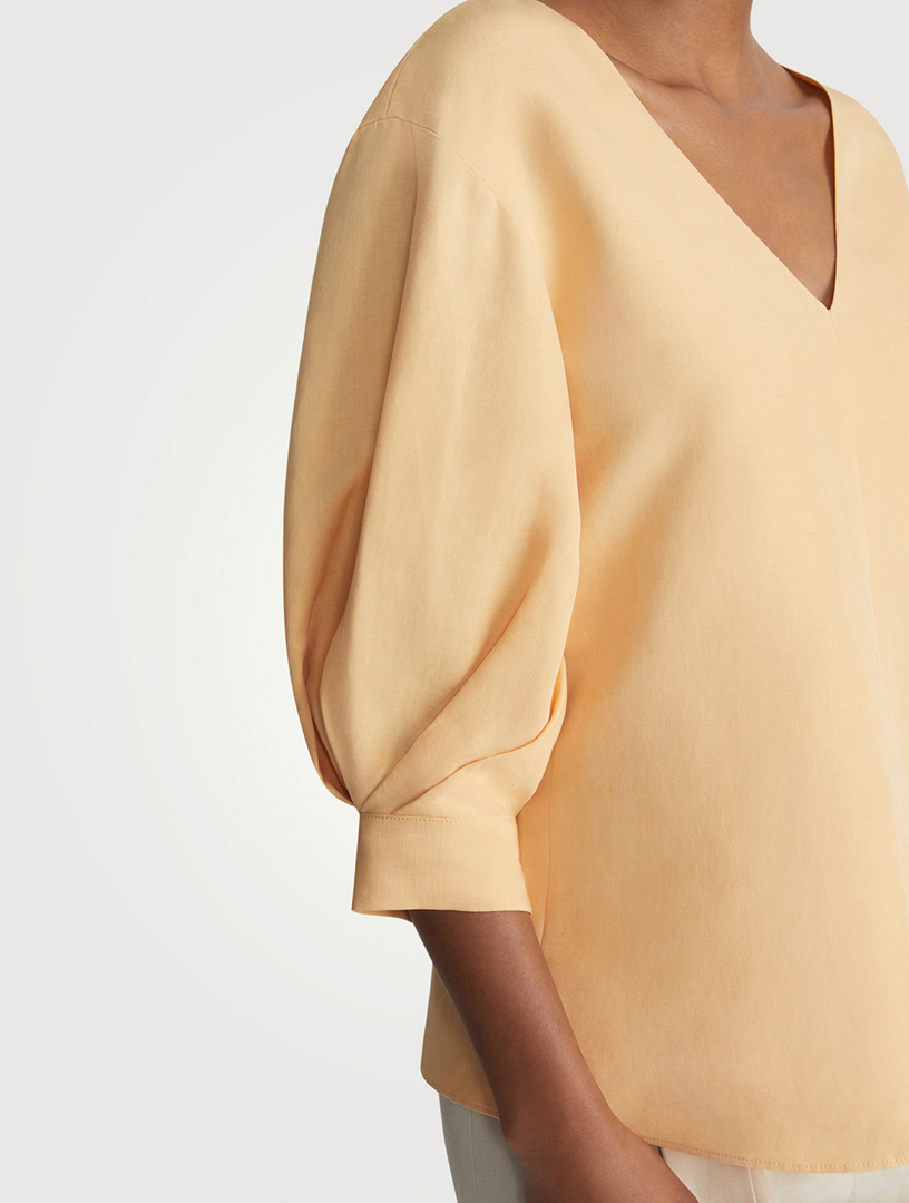 Silk Linen Puff-Sleeve Blouse
