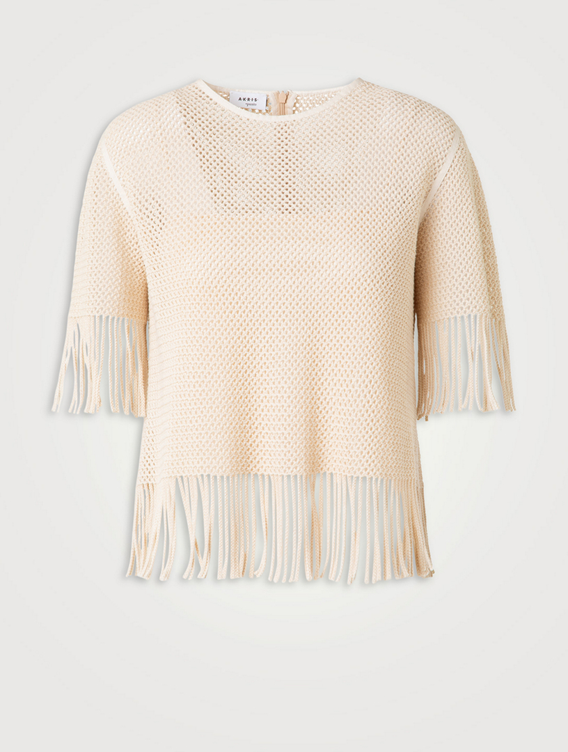 Fringe-Trimmed Mesh T-Shirt