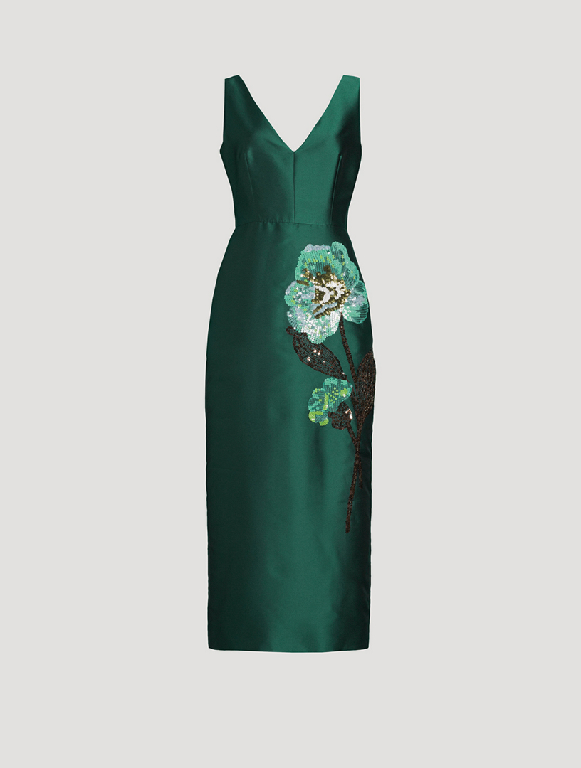 Floral-Sequin Satin Midi Dress