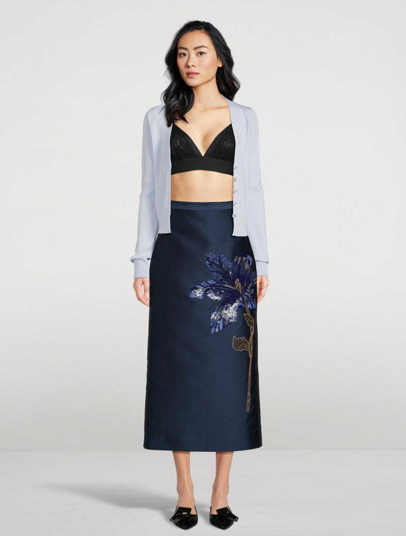 Floral-Sequin Satin Pencil Skirt