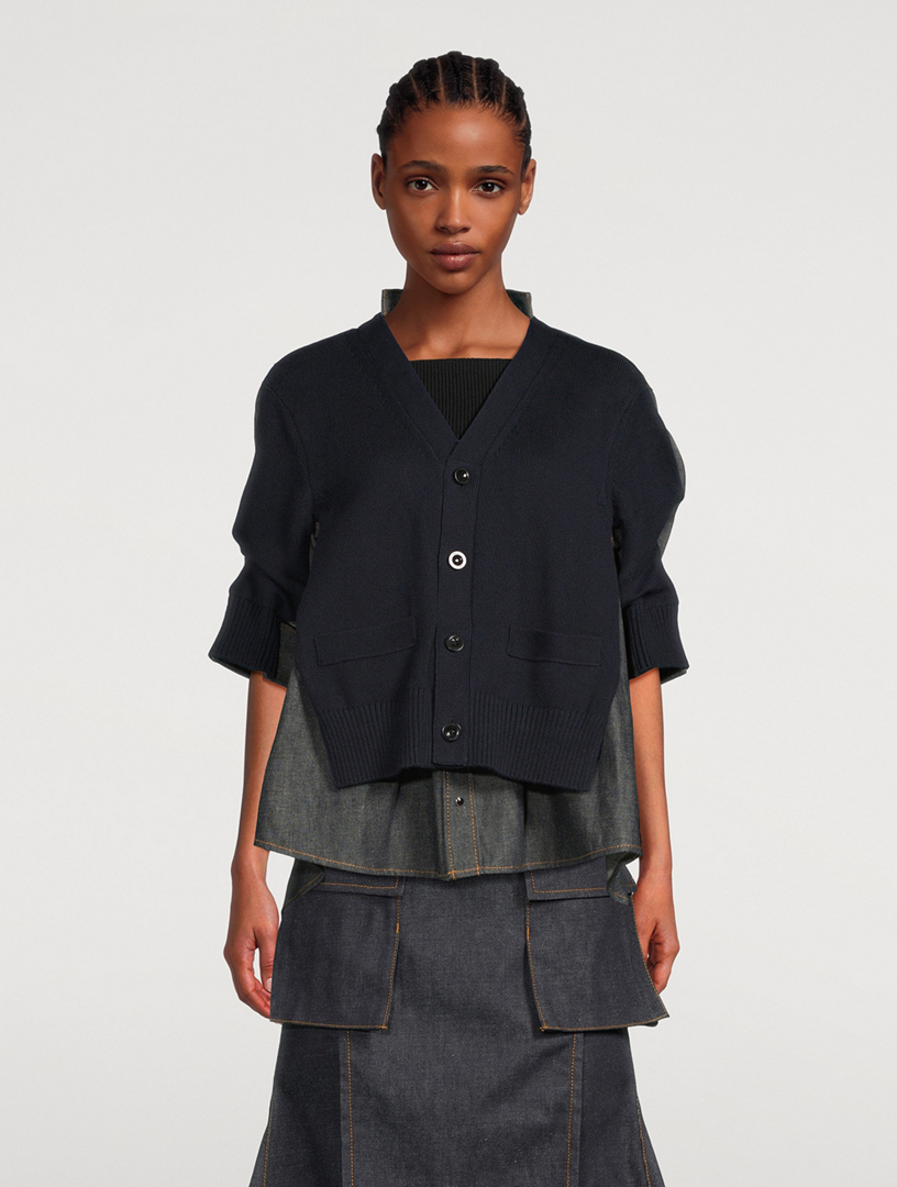 Mixed-Media Cardigan With Denim Shirt