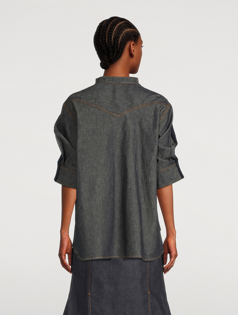 Mixed-Media Cardigan With Denim Shirt
