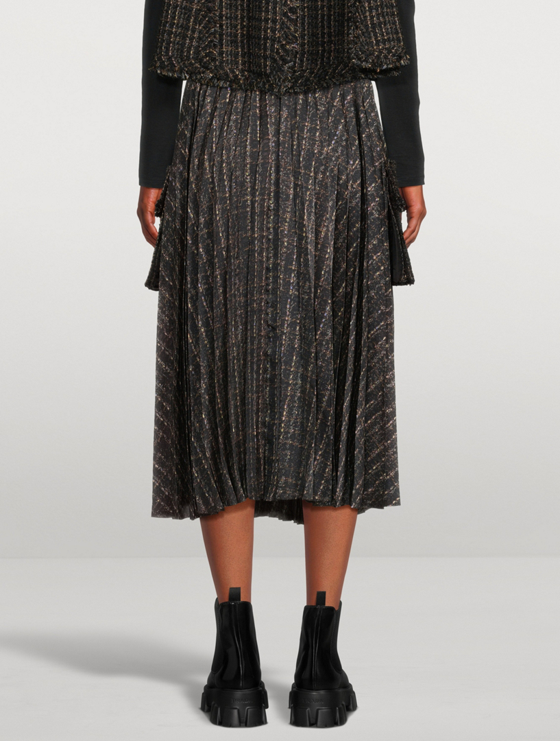 Pleated Tweed Cargo Midi Skirt