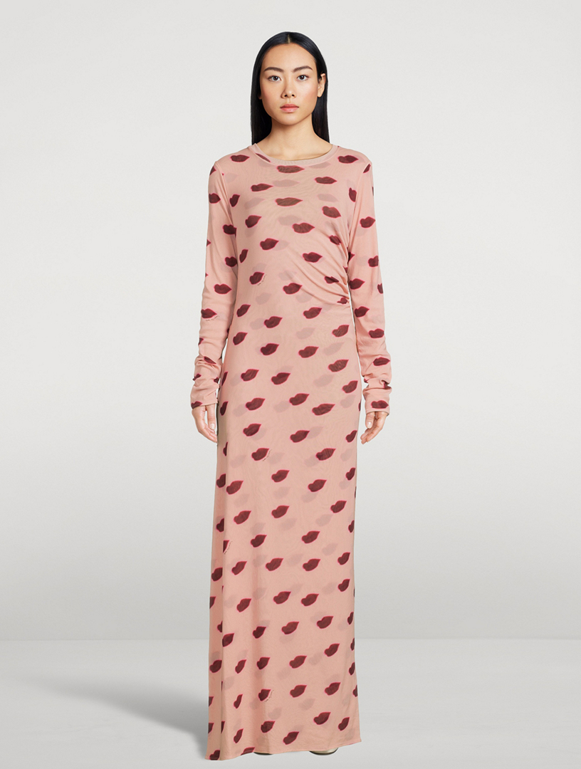 Mesh Maxi Dress Lips Print