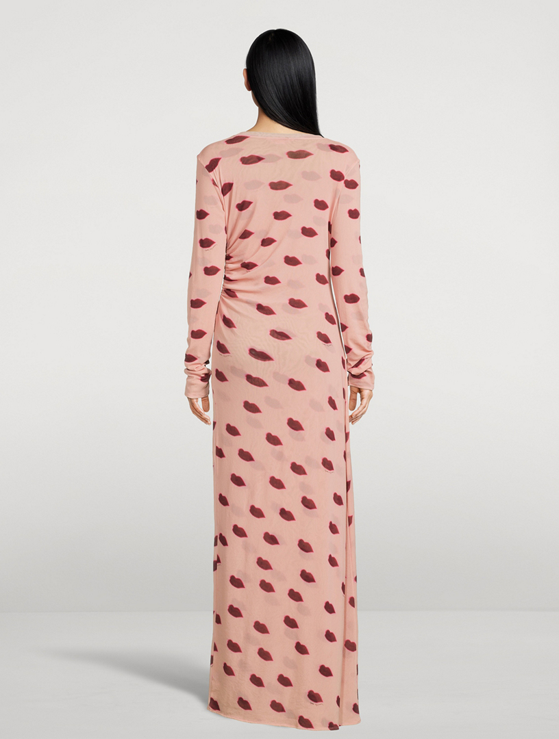 Mesh Maxi Dress Lips Print