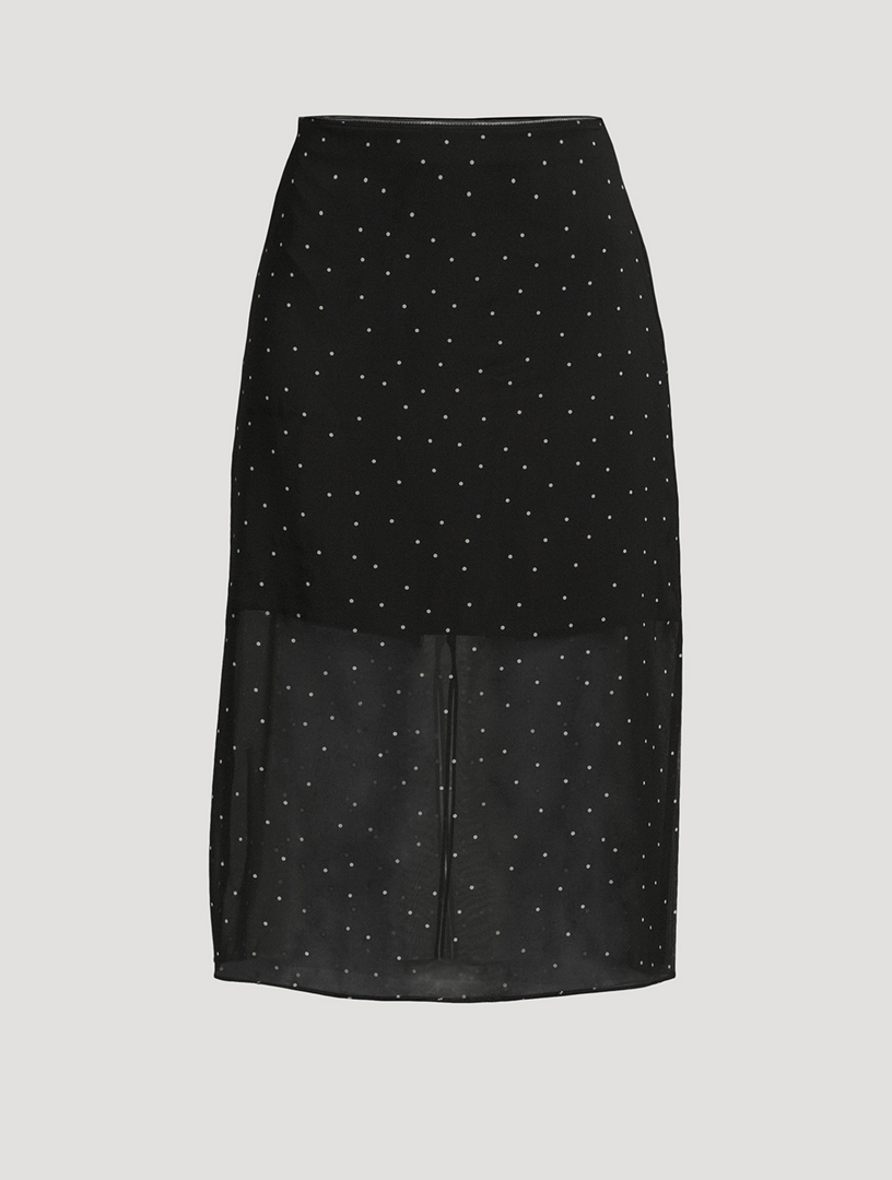 VINCE Chiffon Overlay Midi Skirt In Polka Dot Print