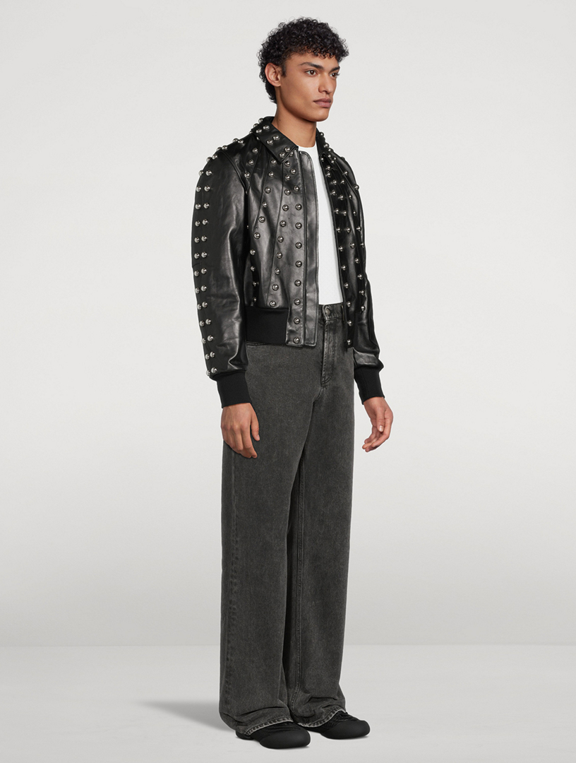 Studded Leather Bomber Jacket