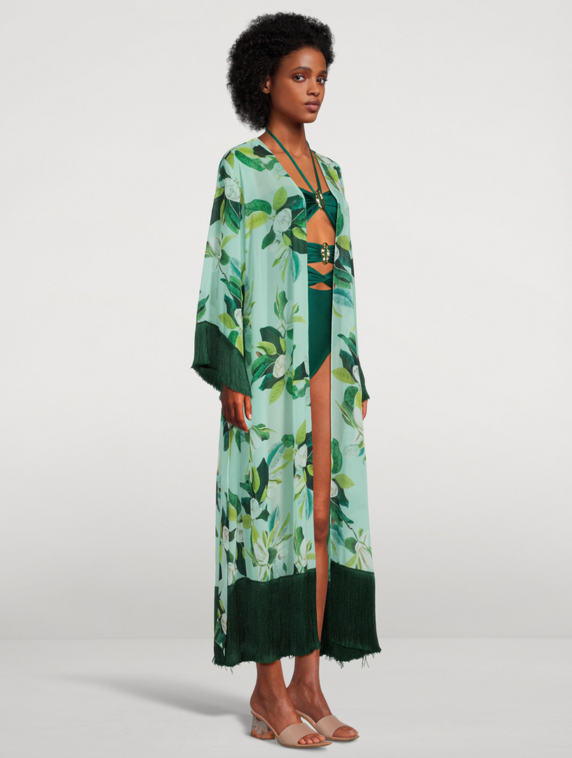 Fringe-Trimmed Robe Magnolia Print