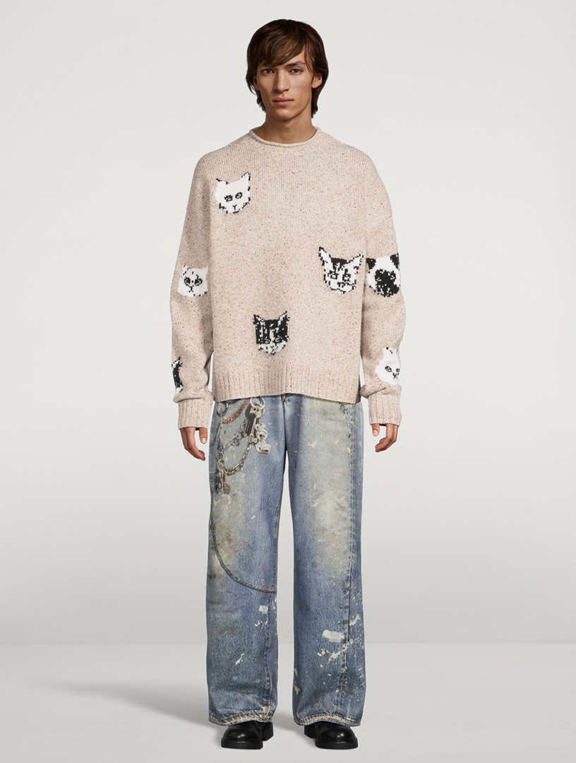 【YOURNUS】Cats Wool Knit Sweatshirt CIDER Women's Cat Sweater Long Sleeve Crew Neck Fun Graphic