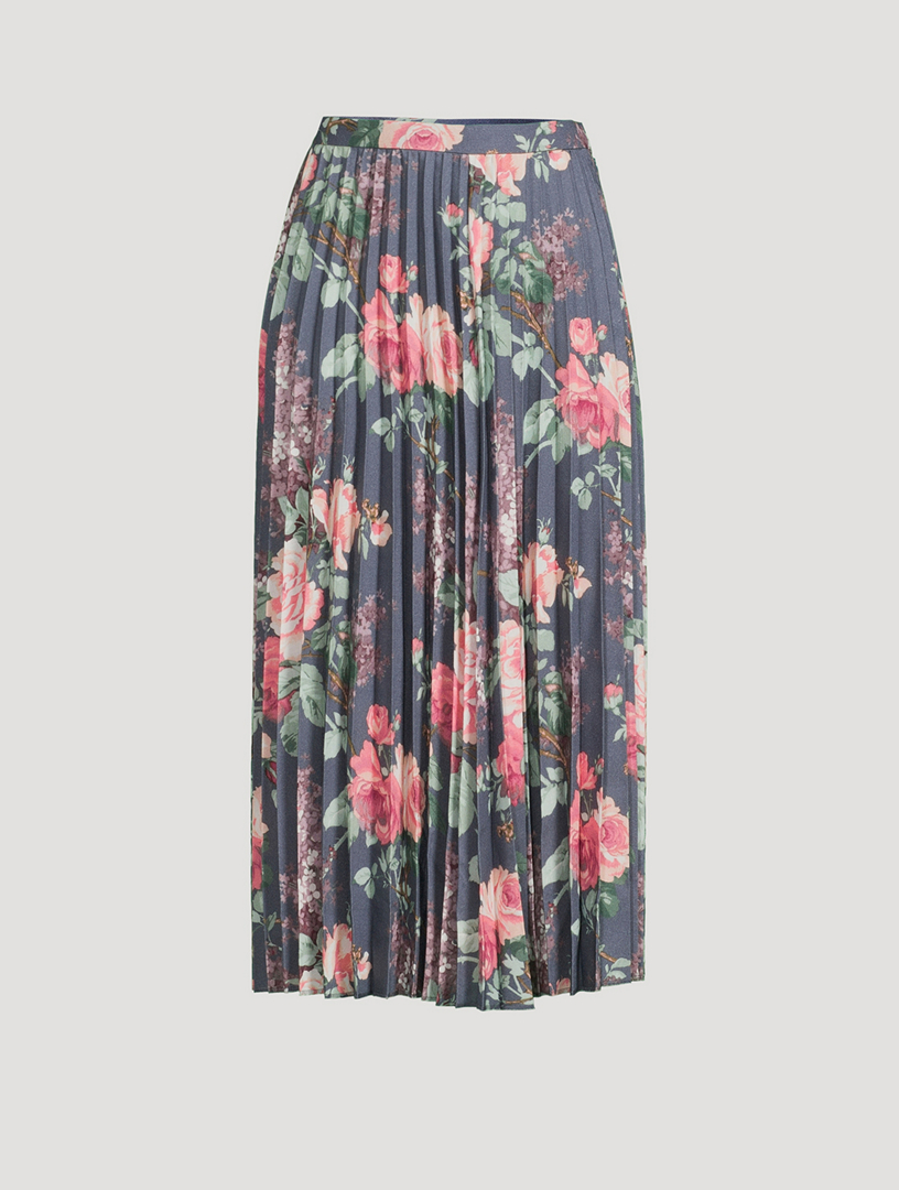 Pleated Midi Skirt Floral Print
