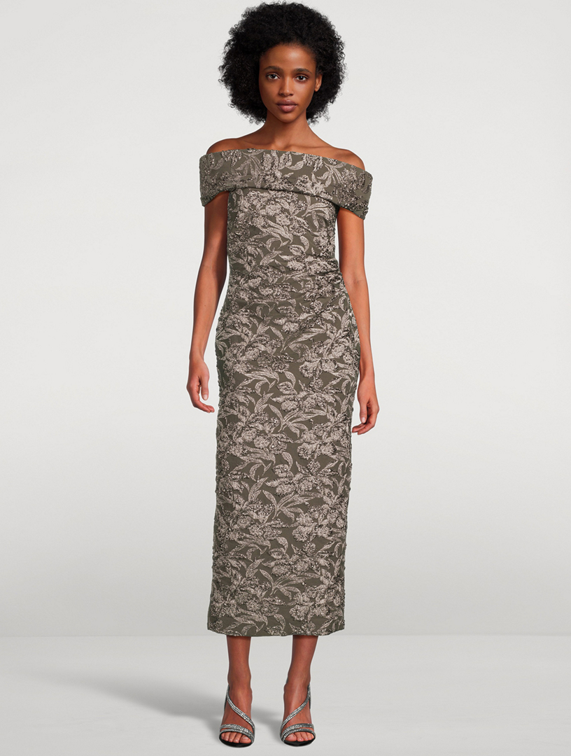 Metallic Orchid Jacquard Off-The-Shoulder Dress