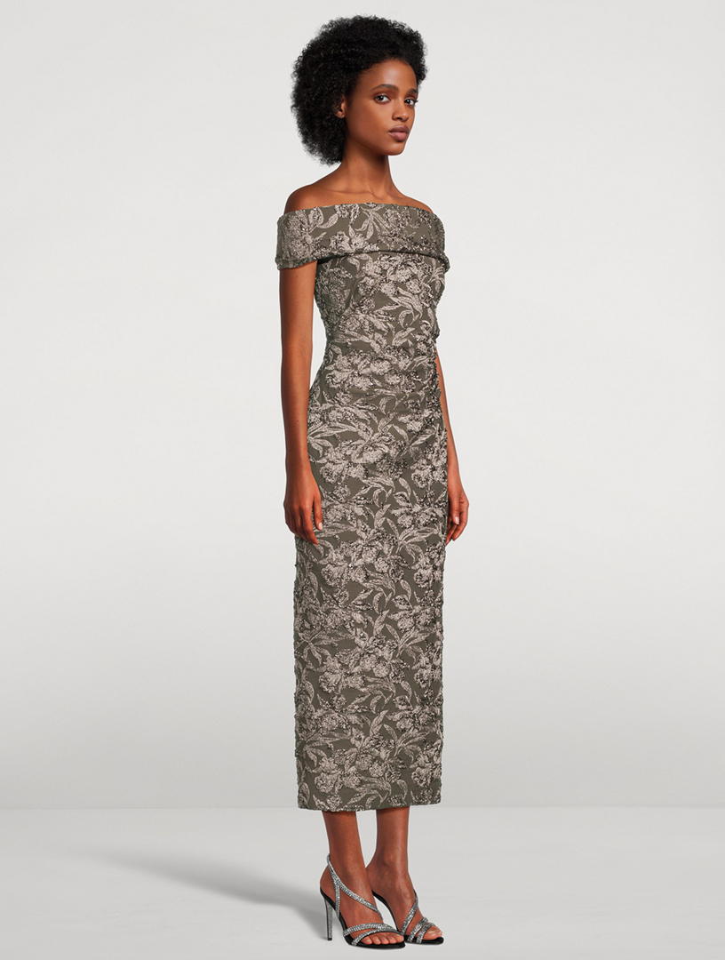 Metallic Orchid Jacquard Off-The-Shoulder Dress