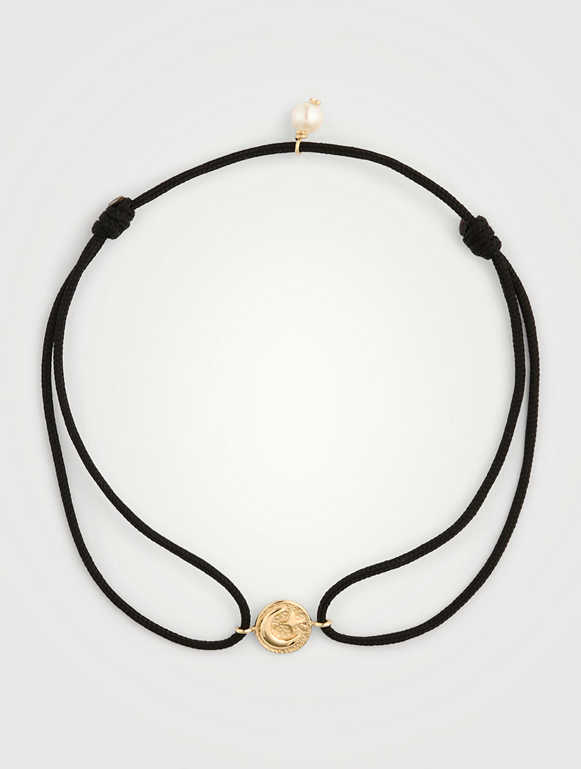 Moon And Star Cord And 14K Gold Bracelet With Pearl