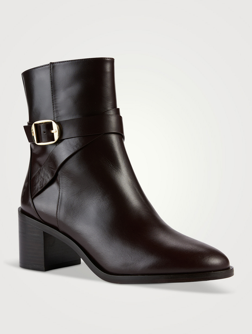 STUART WEITZMAN Esme Leather Buckle Zip Booties Dark Brown