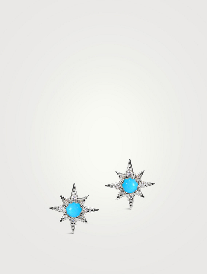 Mini Aztec Silver Starburst Stud Earrings With Turquoise And White Sapphire