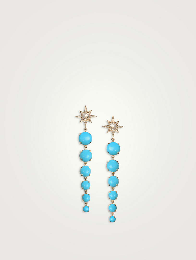 Aztec Silver Long Graduated Starburst Earrings With Turquoise
