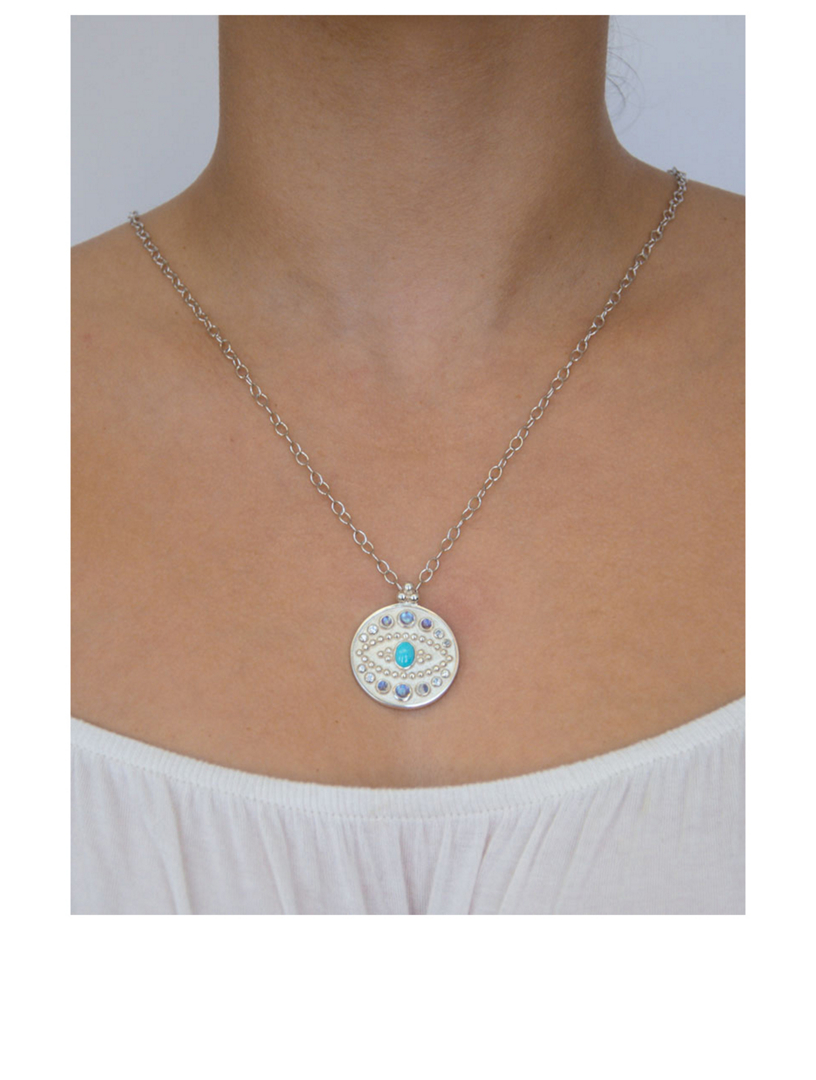 Large Dew Drop Mediterranean Evil Eye Medallion Necklace With Turquoise