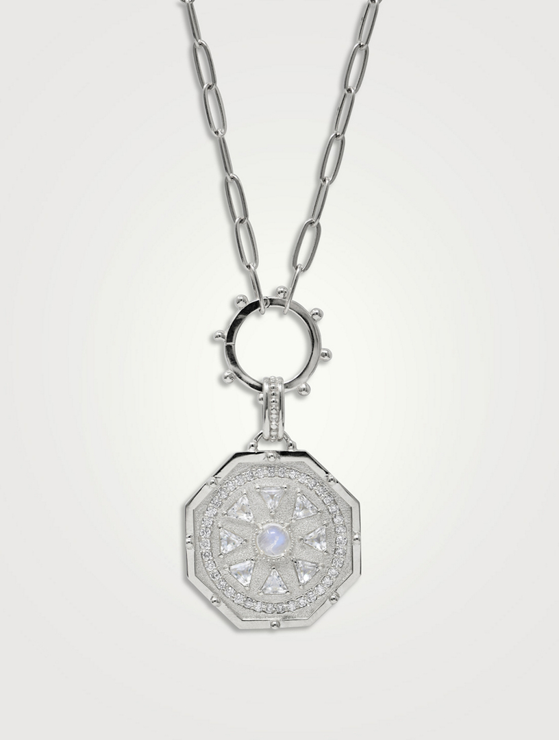 Aztec Mayan Deco Silver Medallion Clip Necklace With Gemstones